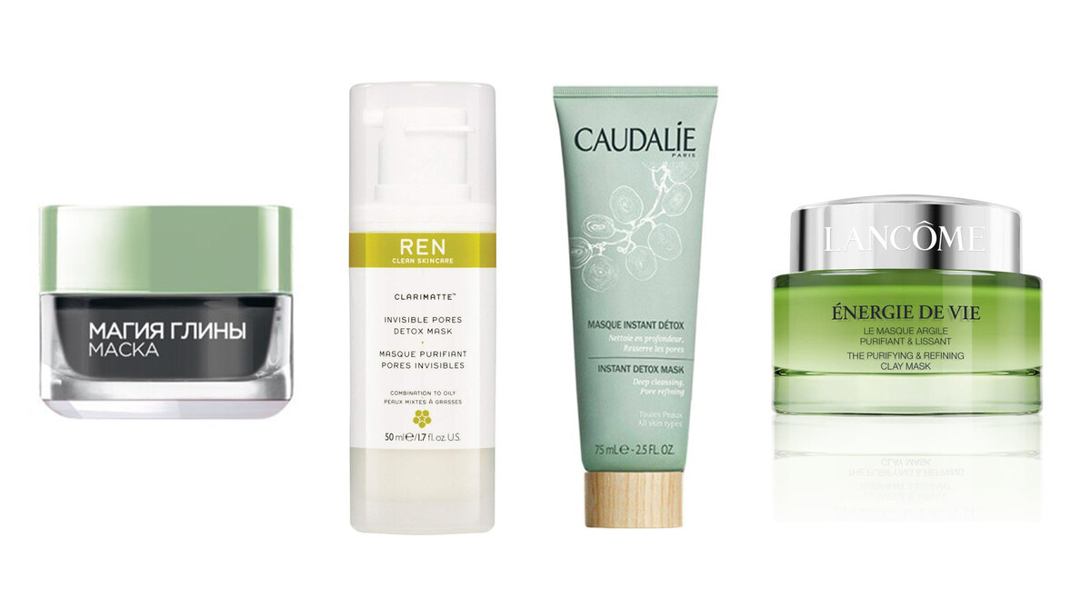 L'oreal Магия глины Детокс-маска, REN Clarimatte invisible pores detox mask, Caudalie Instant Detox Mask, Lancome Energie de vie Purifying & Refining Clay mask