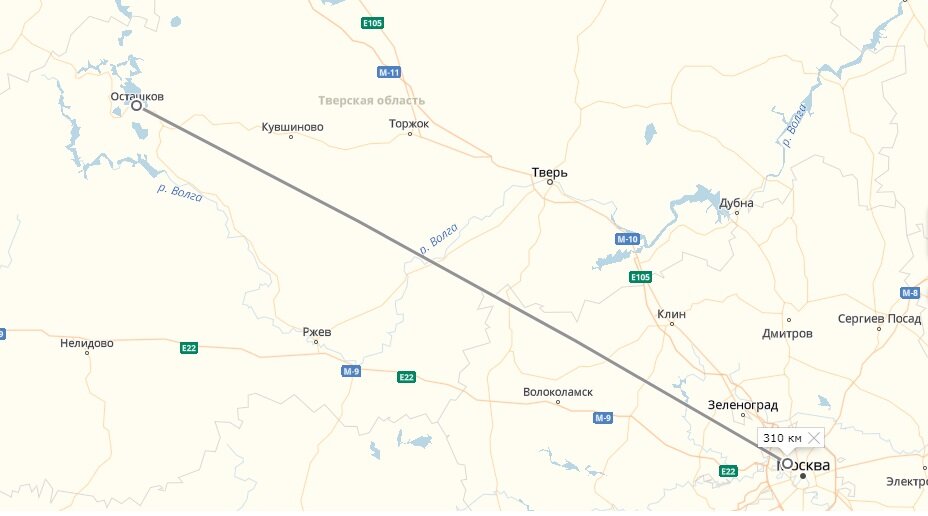 Карта-схема центральной части России. Удаление Селигера от Москвы по прямой согласно данным в Яндекс-картах всего 310 км.