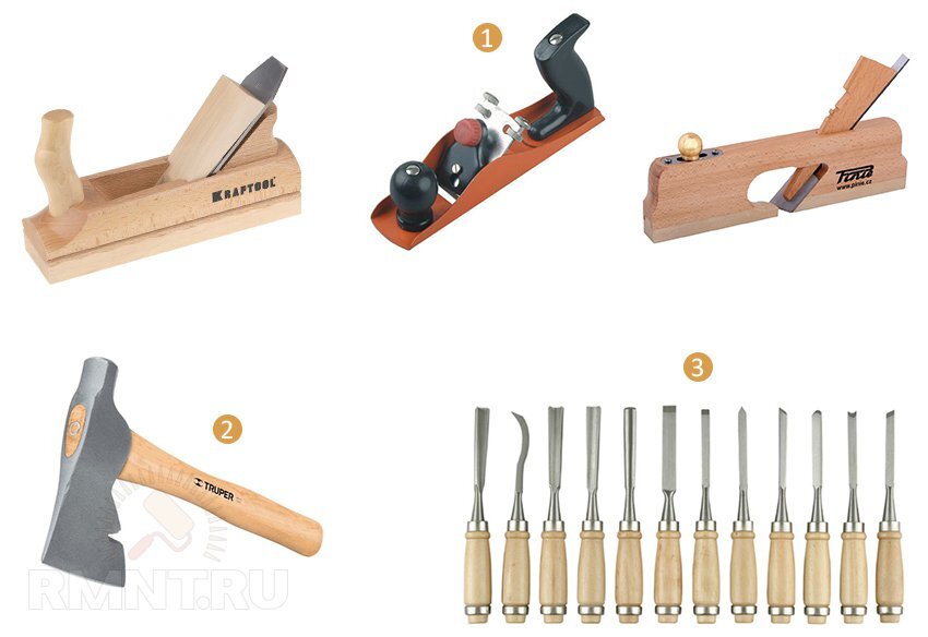 1 — различные рубанки; 2 — топорик с молотком на обухе; 3 — набор стамесок