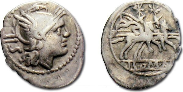 
Ранний серебряный сестерций. Римская Республика. После 211 года до н.э. На аверсе, слева от головы богини Ромы – обозначение номинала «IIS»