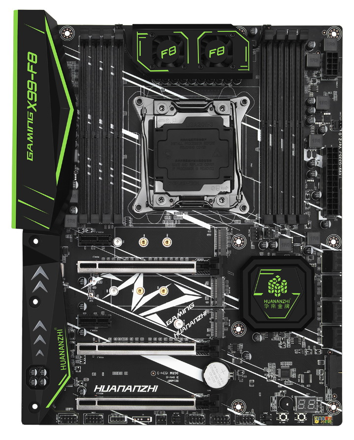 Huananzhi X99-F8 (точная маркировка X99-G335J ver2.0) — новинка зимы 2019—2020. Модель является продолжением серии современных китайских плат на сокете 2011-3. На этот раз главной особенностью стало большое количество слотов для памяти формата DDR4. 
Наряду с Huananzhi x99-tf, является одной из наиболее удачных моделей.
Характеристики

Модель	Huananzhi X99-F8
Сокет	LGA 2011-3
Чипсет	X99 \ C612
Поддерживаемые процессоры	Intel Core, Xeon 1600, 2600 (v3, v4)
Поддерживаемая оперативная память	8 х DDR4 DIMM, четырехканальная, поддержка ECC и non-ECC памяти
Максимальная частота: 2400 Мгц
Максимальный объём: 256 Гб
Управление таймингами	Да
Слоты расширения	3 x PCI-e x16
2 x PCI-e X1
Дисковая подсистема	8 x SATA 3.0
2 x M2 Nvme
Разъемы для вентиляторов	1 x для процессорного кулера (4 pin)
3 x для корпусных вентиляторов (3 pin)
Порты	2 x PS/2
4 x USB 3.0 (+ выносные на корпус)
4 x USB 2.0 (+ выносные на корпус)
1 x LAN
7.1 audio (ALC892)
Spdf out
1 x Wi-fi M2
Форм-фактор и Размеры, мм	ATX, 300 x 244 mm.
Примерная цена	6 500 - 8 000 руб.