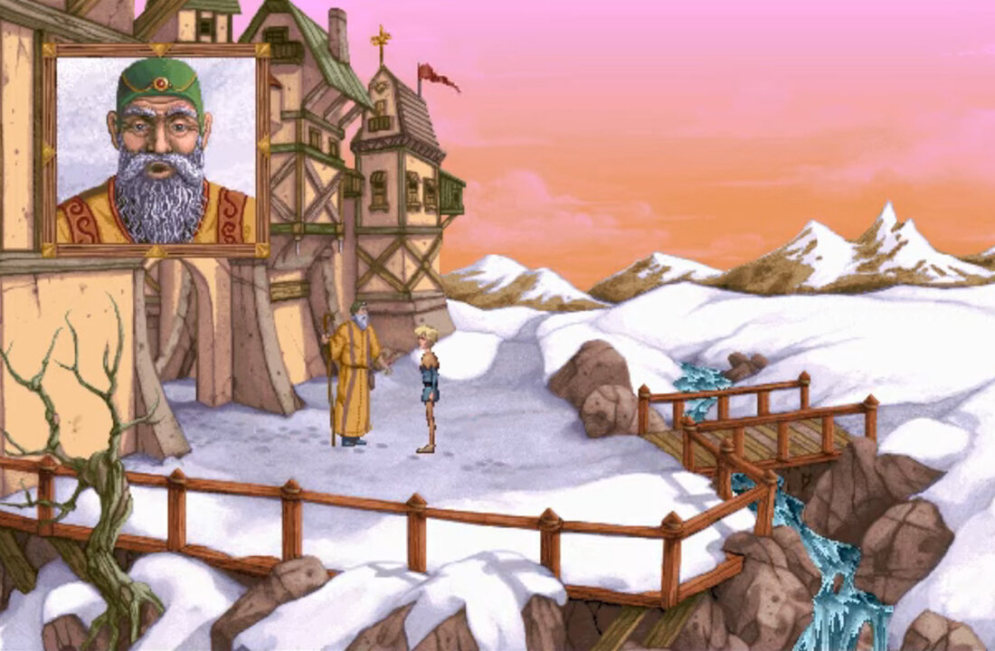 Мы начинаем у ворот какого-то поселения. Добрый дедушка, по всему видимо – староста деревни...