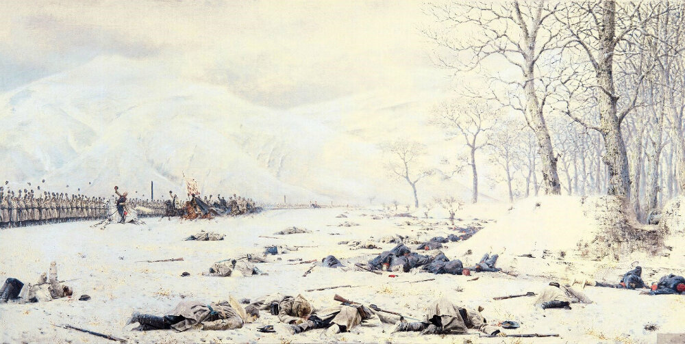 «Шипка — Шейново. Скобелев под Шипкой» 1878–1879 гг. Холст, масло. 147×299 см. Государственная Третьяковская галерея.
Балканская серия. Генерал скачет мимо войска и поздравляет с победой, а на первом плане мы видим поле, усеянное погибшими обеих враждующих сторон. 
