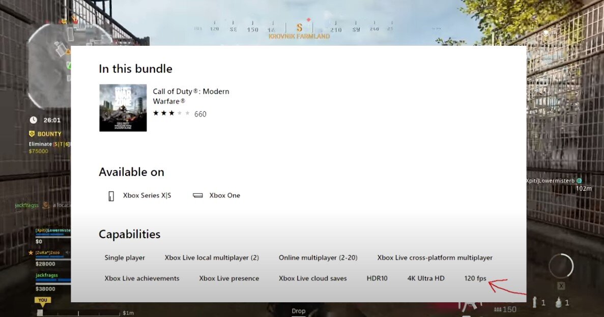 скриншот со стрима на Xbox Series X    стрелка отмечает 120FPS  