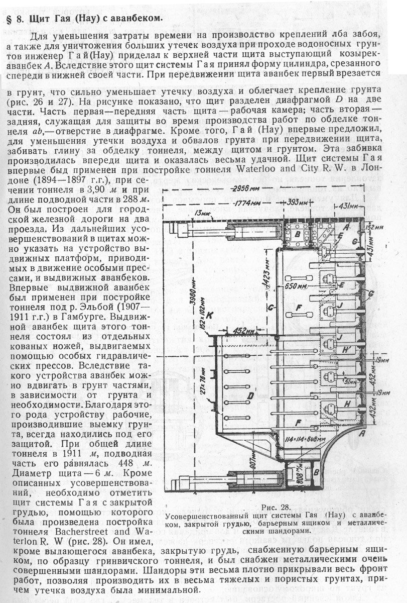 24. В другой книжке про строительство подводных тоннелей нашелся такой  параграф про щит Гая с аванбеком. Похожий щит и работал на сооружении  тоннеля под Эльбой. Впервые в мире на том щите был применен выдвижной  аванбек для защиты рабочих в забое.