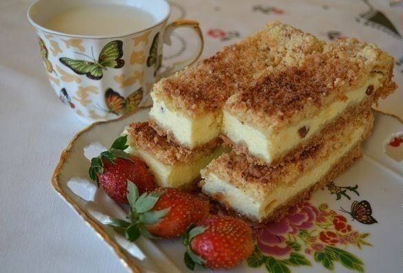 Песочный пирог с творогом и изюмом

Тесто

3 стакана муки
250 г маргарина или сливочного масла
1 ч.л. соды
1 (неполный) стакан сахара

Начинка из творога

0,5 кг творога
3 яйца
1 (неполный) стакан сахара
100 г изюма
1 ч.л. ванильного сиропа

Время приготовления 1,5 часа

Приготовление

Перед приготовлением теста лучше охладить все продукты. Высыпаем на большую разделочную доску просеянную муку.

Добавляем к муке масло, разрезанное на кусочки.

В некоторых рецептах масло предлагшается истереть на терке. Но, так как это песочное тесто представляет из себя крошку, лучше его рубить ножом вместе с мукой.

Должна получиться вот такая крошка.

Добавляем к ней сахар и соду и еще раз перемешиваем. Я это делала снова ножом.

Убираем наше необычное тесто в холодильник.

Тем временем займемся начинкой. Взбиваем творог с яйцами, сахаром и ванильным сиропом. Я делала это с помощью блендера.

Добавим изюм и затем перемешаем.

Достаем крошку из холодильника и большую ее часть рассыпаем ровным слоем на противне, не утрамбовывая. Разравниваем, делая у краев бортики. Смазывать противень не надо.

Выкладываем сверху творожную начинку.

И засыпаем оставшейся крошкой.

Ставим в духовку, разогретую до 180 градусов минут на 40-50.

Даем немного остыть и вынимаем наш пирог из противня (я достала без проблем).
Вкусно и с чаем, и с молоком.

