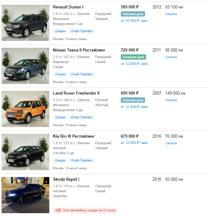 Цены на б/у автомобили в диапазоне 550-750 т.р. по всей России.
