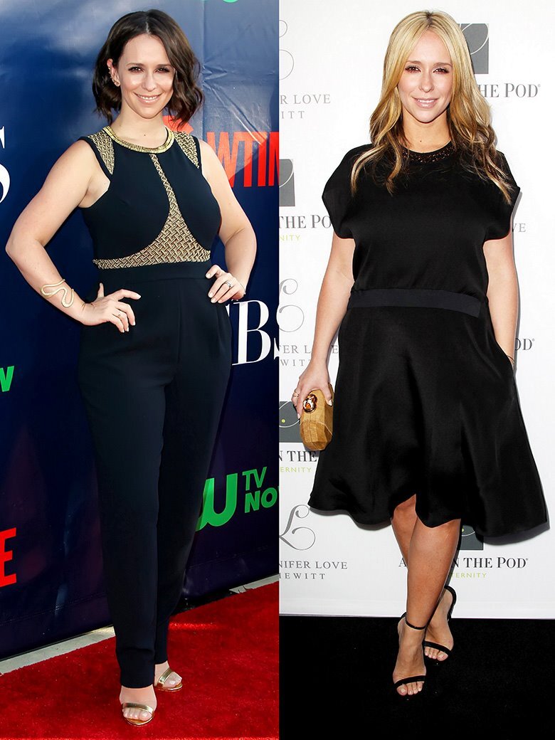 Слева: Дженнифер Лав Хьюитт на весеннем пресс-туре Ассоциации телевизионных критиков в Западном Голливуде, 18 июля 2014 г.; справа: Дженнифер Лав Хьюитт на презентации своей новой детской коллекции с Pea In The Pod в Беверли-Хиллз, 2 апреля 2014 г.