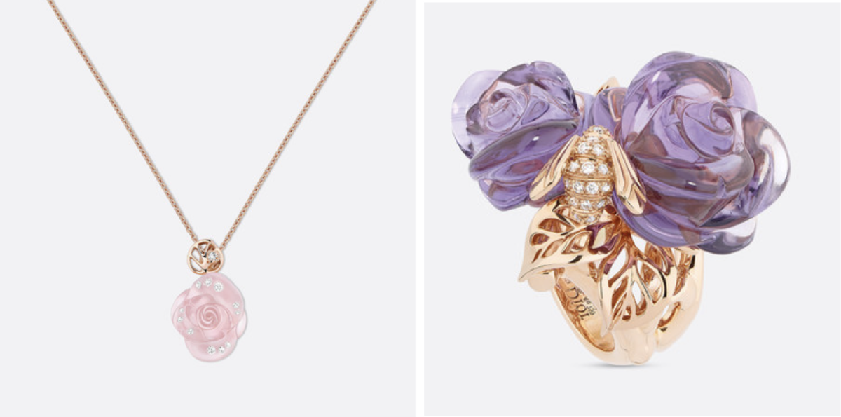 Кольца из коллекции Dior "Rose Dior Pre Catelan", слева - кулон с розовым кварцем и бриллиантами, справа - кольцо с аметистами, бриллиантами и 18 каратным розовым золотом. Источник: dior.com 