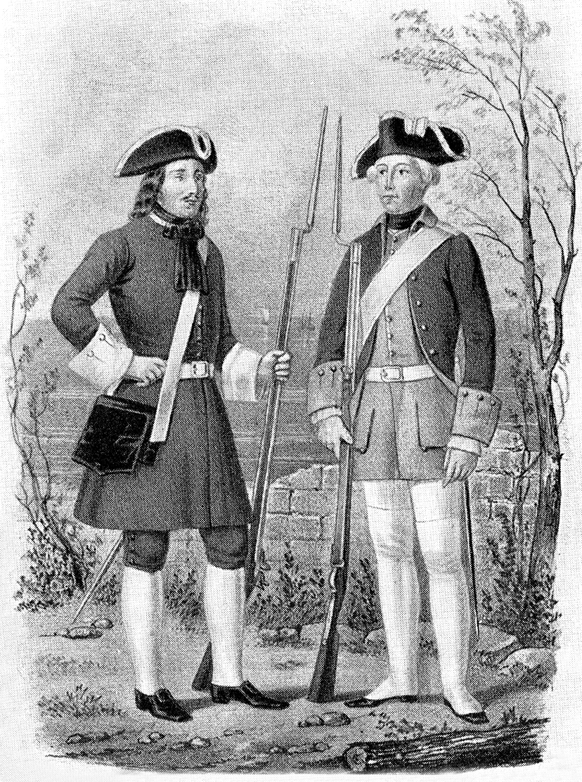 Гардемарин 1724 года и кадет 1752 года (с литографии Прохорова, 1852 г.)