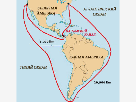 На карте видно, что Панамский канал убирал необходимость оплывать Южную Америку, чтобы попасть из Тихого в Атлантический океан или наоборот. 