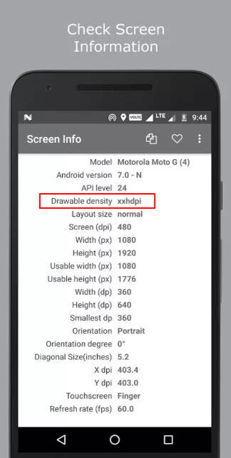Используйте это приложение, чтобы проверить свой формат экрана (Drawable density):
