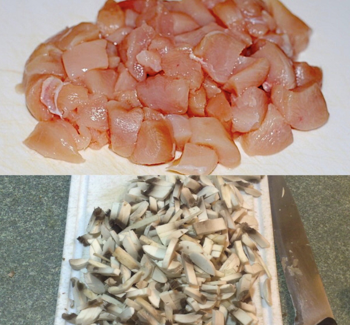 Режем курицу и грибы