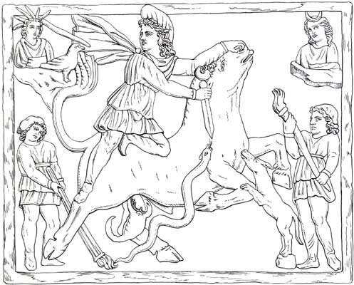 Митра, убивающий быка, кровь которого будет питать вселенную.