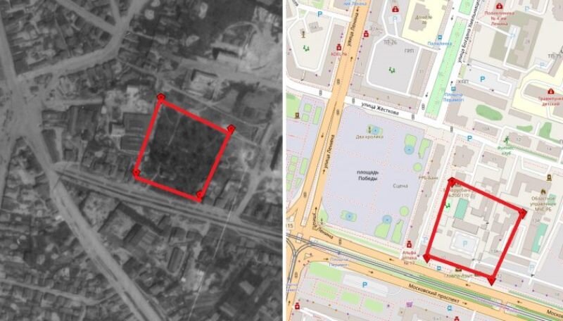 Крестовоздвиженское  кладбище на немецкой аэрофотосъемке 1941 года. Это же место на карте  современного Витебска. Источник: evitebsk.com