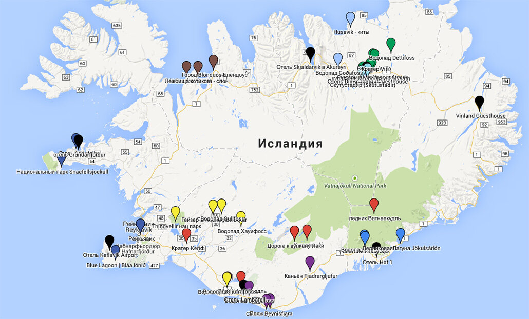 Карта исландии с достопримечательностями