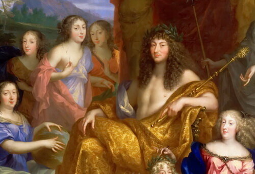 фрагмент аллегорического портрета семьи Людовика XIV, Жан Нокре. У короля роскошные локоны