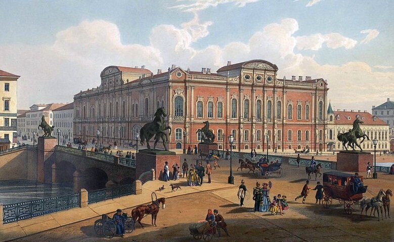 Вид с Аничкова моста на дворец Белосельских-Белозерских, 1850-е. Фото: Иосиф Шарлемань