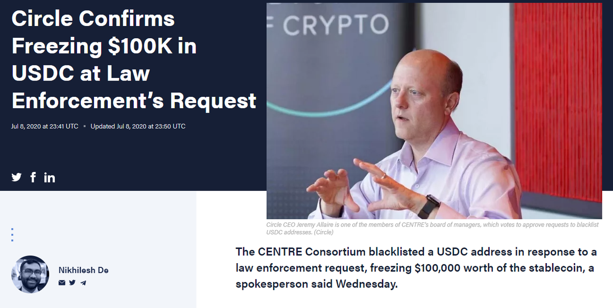Circle заморозил 100 тыс. долларов в USDC по указанию правоохранительных органов
