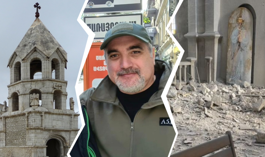На фото слева направо: собор в Шуши, журналист Левон Арзанов и результаты попадания двух ракет в храм. Коллаж: ОСН