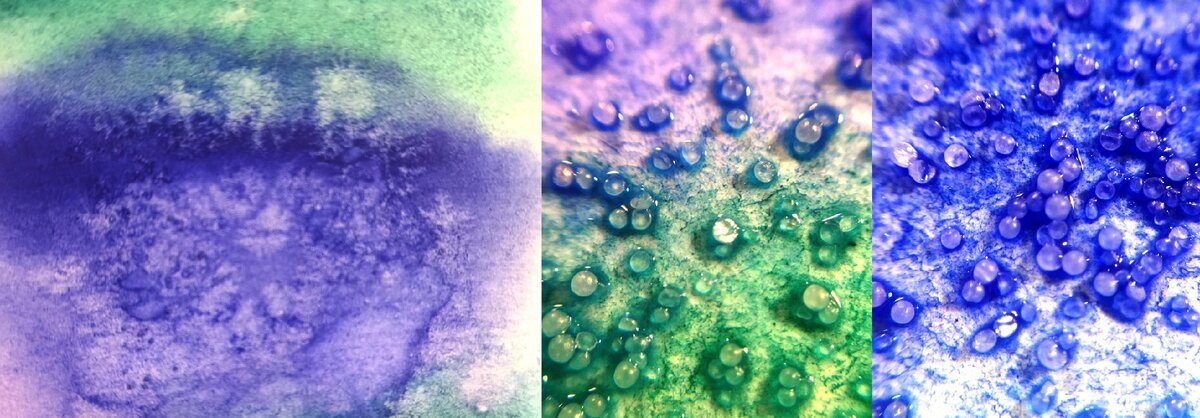 Слева - эффект соли на акварельной заливке, в середине и справа - кристаллы соли на бумаге (макросъемка). Красиво!