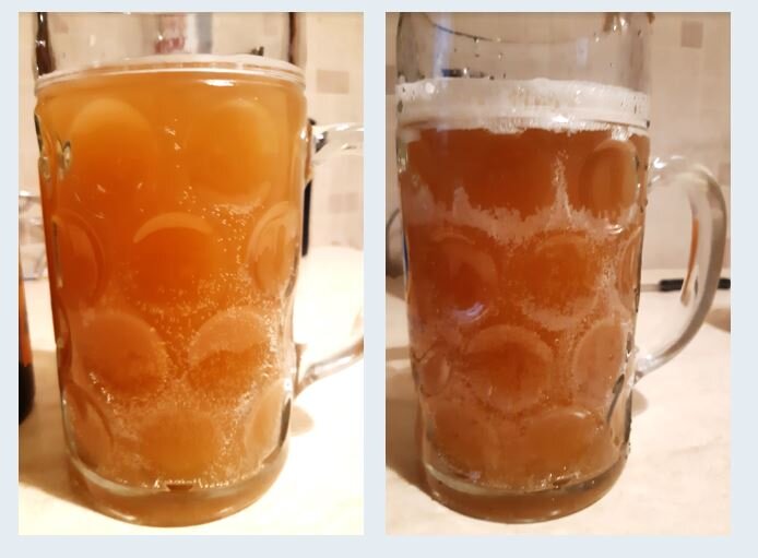 Ржаной эль слева после 1 недели, справа после 2 недель созревания в холодильнике