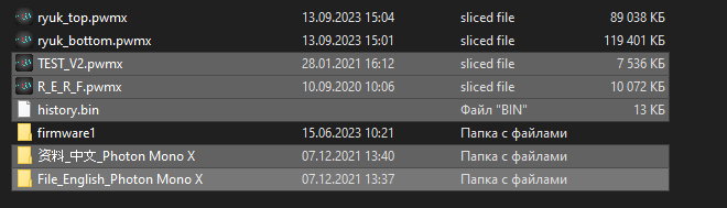Выделенные файлы изначально присутствовали на USB - это тестовая модель, калибровочная модель, файл истории и системные папки с мануалами и софтом-слайсером