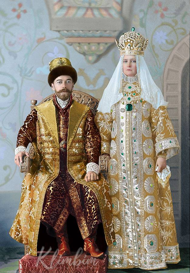 Император Николай II (в одежде царя Алексея Михайловича) и Императица Александра Фёдоровна (в наряде царицы Марии Ильиничны) на костюмированном балу 1903 года. Фотография в цвете - Klimbim