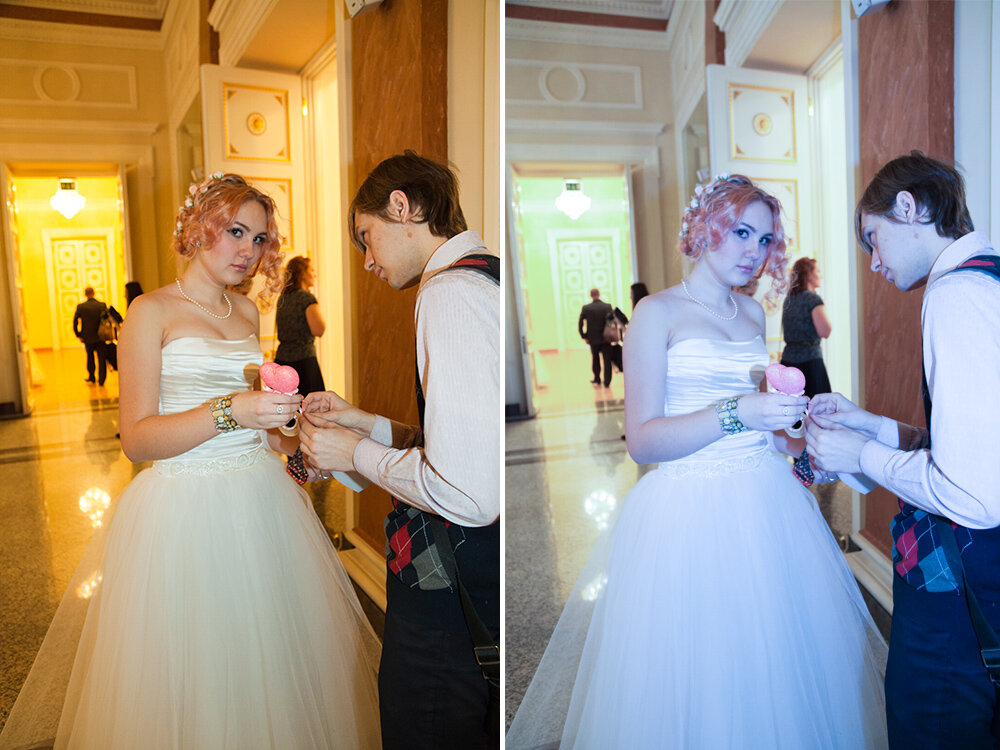 Фотография сделанная со вспышкой в помещении, освещенном лампами накаливания. Слева баланс белого выставлен по вспышке. Фон стал совершенно желто-оранжевым. Справа баланс белого соответствует лампам накаливания. Цвета фона стали натуральными, но лица людей на переднем плане выглядят неестественно голубыми.