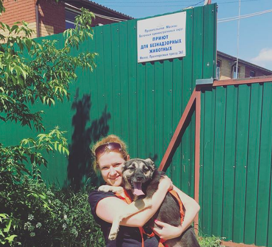 Волонтер Мария у входа в Кожуховский приют с экс-подопечной Жасмин. 