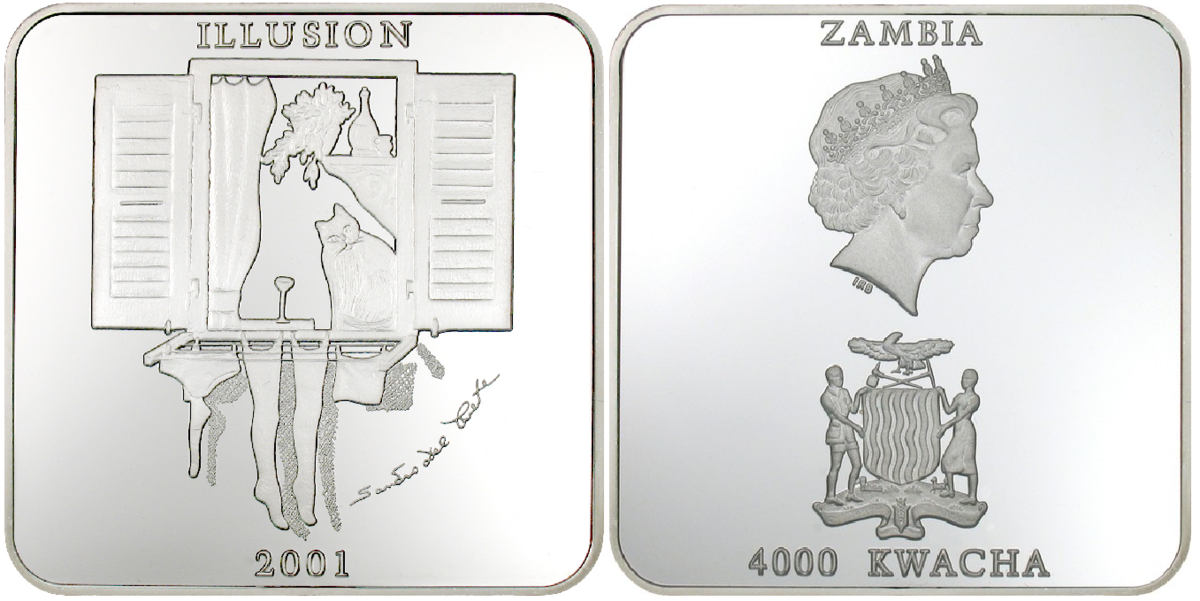 Квадратная монета-иллюзия 4000 квача 2001 года от Банка Замбии...