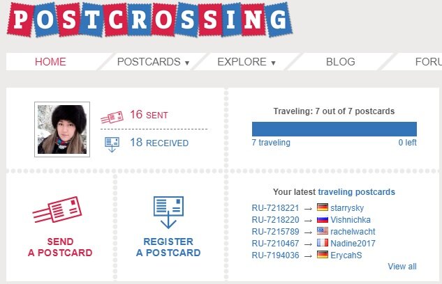 Скриншот моего профиля с одного из официальных сайтов Postcrossing.com