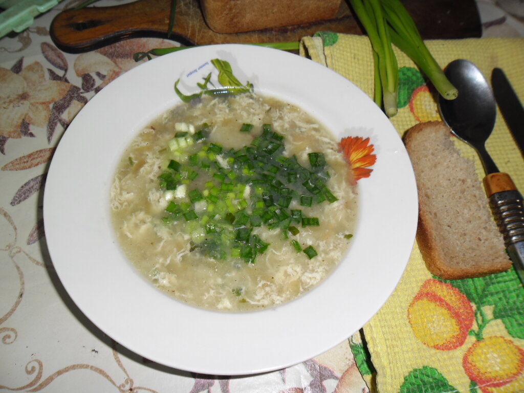 хлебный суп с зеленым луком и яйцом.