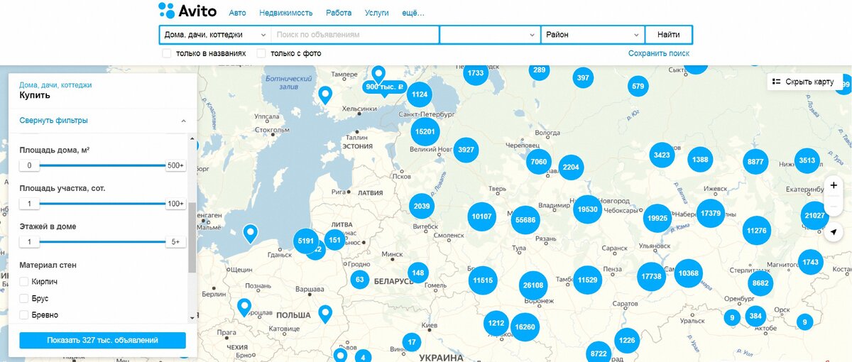 Скриншот с сайта www.avito.ru, с отбором только по представленной территории Европейской части мира