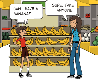 Мальчик: Можно мне один банан? Продавец: Конечно, бери любой.