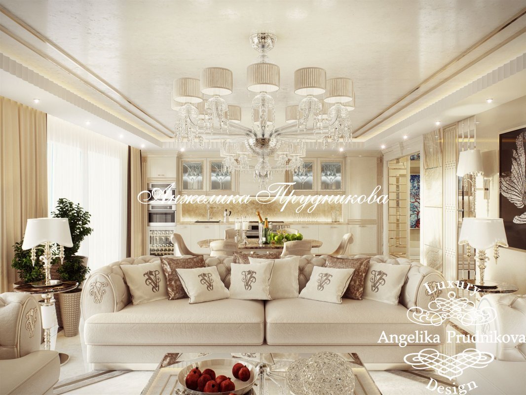 На фото: Дизайн гостиной в бежевой цветовой гамме