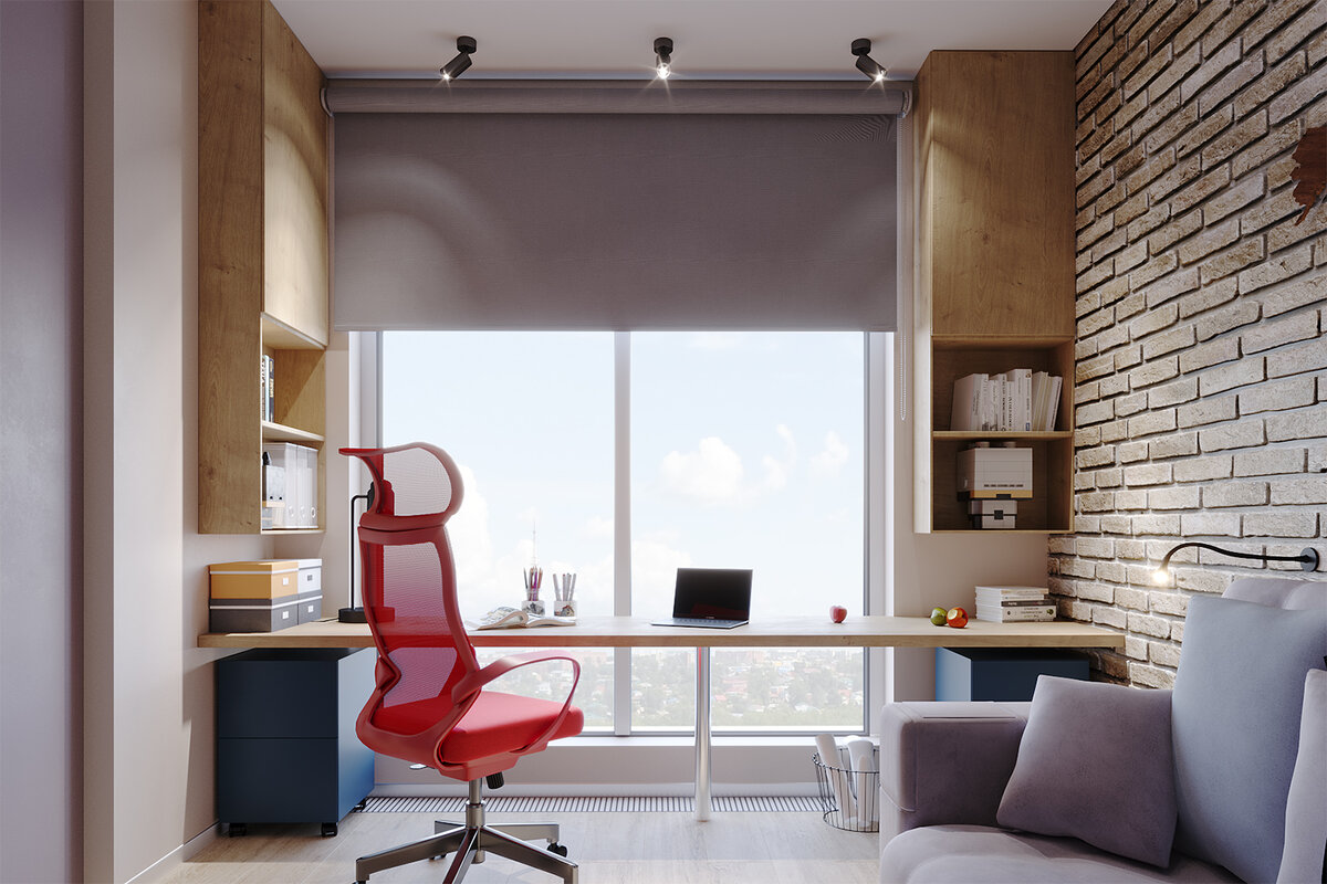 Большой рабочей стол, где разместится и ноутбук и рабочие тетради с книгами. Подвесные шкафы для учебников и книг, выкатные тумбы.  