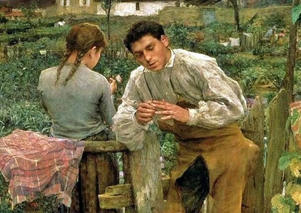 Жюль Бастьен-Лепаж «деревенская любовь», 1882 год. Художник Жюль Бастьен-Лепаж. Бастьен Лепаж деревенская любовь. Деревенская любовь картина Жюль Бастьен.