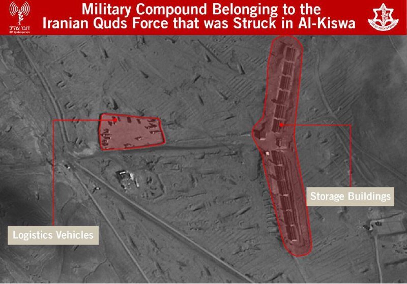 Военные объекты спецподразделения "Аль-Кудс" в н.п. аль-Кисва. Транспорт обеспечения (слева) и складские здания (справа)