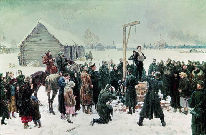 "Таня" 1942-1947 В годы Великой Отечественной войны Кукрыниксы работали и над картинами.28 января 1942 года в "Правде" был опубликован очерк о героической смерти молодой партизанки Тани, повешенной гитлеровцами в деревне Петрищево ,что в нескольких десятках километров от Москвы. Сильное впечатление произвела на них фотография головы казненной девушки – с обрывком петли на шее.
Решено было написать картину об этой мужественной партизанке, оказавшейся московской комсомолкой Зоей Космодемьянской. Художники решили поехать в деревню Петрищево, встретиться с жителями, которые были очевидцами расправы над партизанкой .Они узнали о том, как издевались над Зоей, как били и пытали ее, а потом босую выгнали на мороз. Они представили себе, как, с трудом передвигая обмороженными ногами, шла Зоя к месту казни, как, гордо сжав кулаки, стояла она перед фашистами. Картину художники назвали "Таня", так назвала себя юная партизанка.