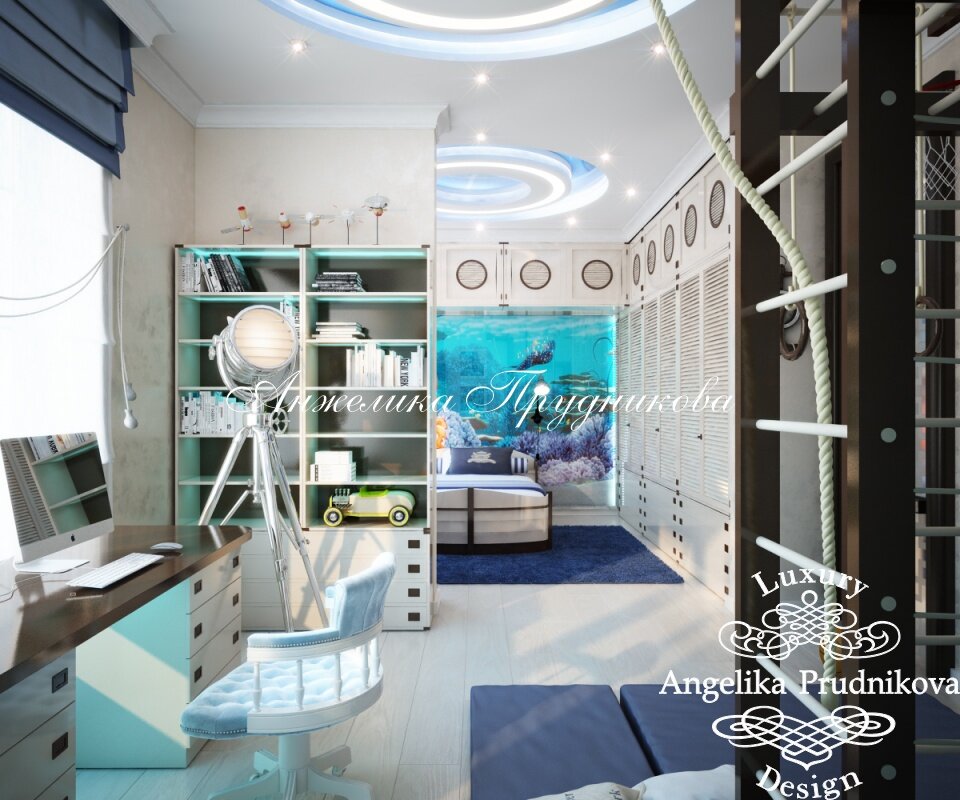 На фото: Спальня с кабинетом для мальчика в стиле к/ф «В поисках Немо»