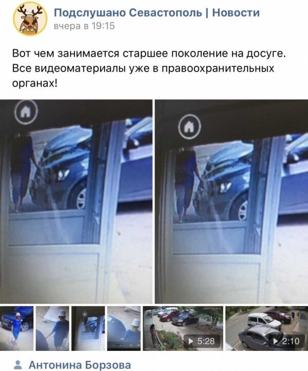 Жительница Севастополя выложила снимки, на которых видно, как бабушка в белой панаме портит чужие автомобили, а именно – царапает их. По фото можно увидеть, что инцидент произошел не случайно, а порча имущества была совершена целенаправленно. К сведению, «шпионский» материал был отснят на улице Надежды Островской. 

Безобидная на вид пожилая женщина держит в руках заостренный предмет и как бы невзначай проводит им по кузову припаркованного авто.