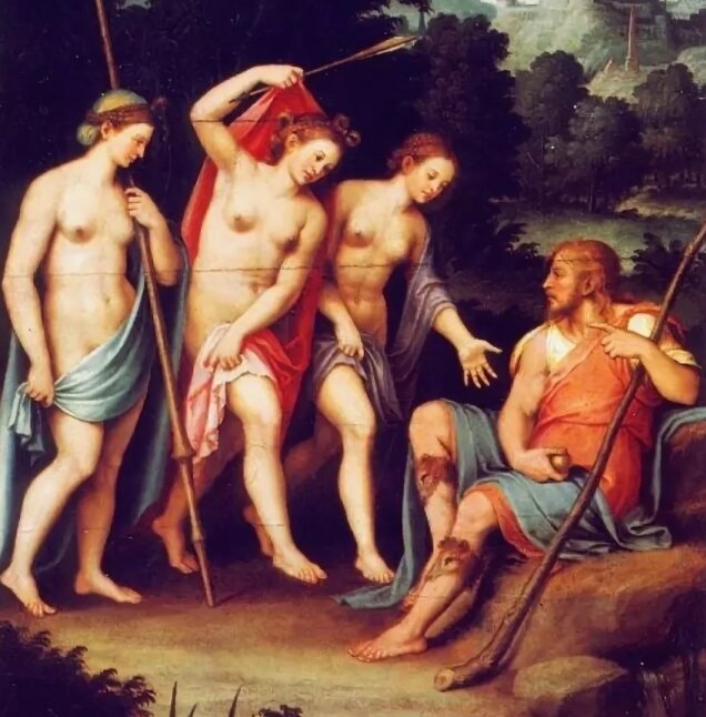 Суд Париса. Три богини стоят перед простым земным пастухом.