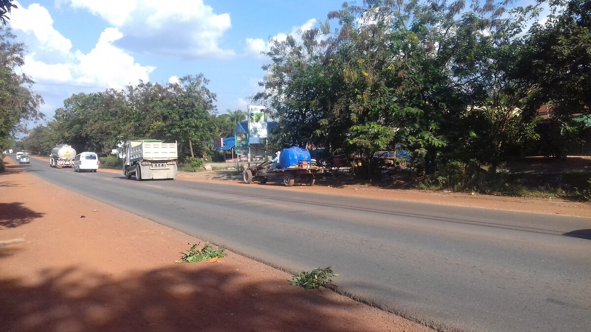 Дорога на автобусе из города  Пномпень в Сиануквиль заняла не 5, а 10 часов - сломался автобус. Две ветки на дороге - это предупреждение другим водителям вместо знака аварийной остановки. Фото автора.