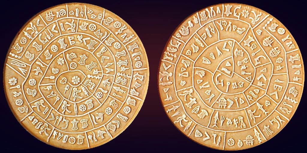 Изображения на фестском диске с обеих сторон.