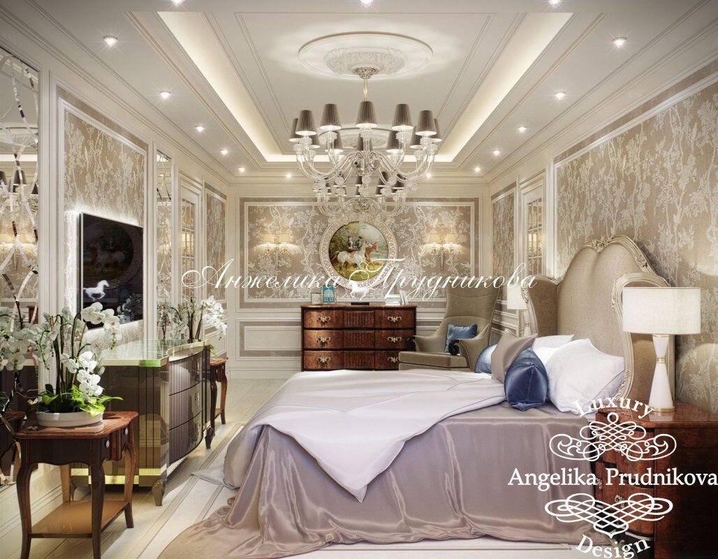 На фото: Обои кофейного оттенка с растительным узором в спальне в светлых тонах. Проект квартиры в ЖК «Розмарин» в Москве