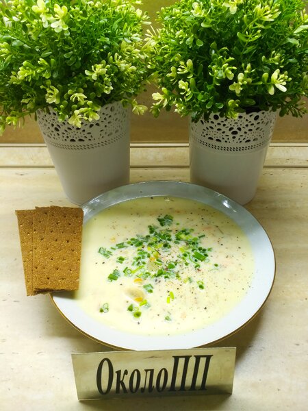 Тарелка сырного супа с куриной грудкой