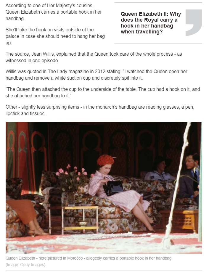 В сумочке королевы также есть очки для чтения (reading glasses), ручка (a pen), помада (lipstick) и бумажные салфетки (tissues). Скриншот с фото королевы с сайта Express. На фото королева в Марокко. 
