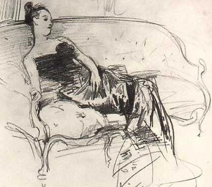 Набросок портрета мадам Готро. Художник долго искал идеальный ракурс, который позволил бы передать всю красоту молодой женщины, которая не обладала навыками профессиональной модели, поэтому была неусидчива, как вспоминал Сарджент. Из открытых источников в интернете