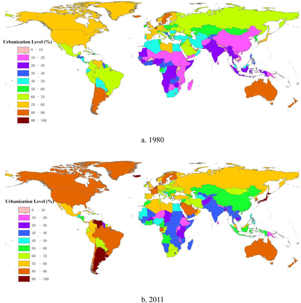 Уровень урбанизации по странам. Источник: The Global Pattern of Urbanization and Economic Growth: Evidence from the Last Three Decades  